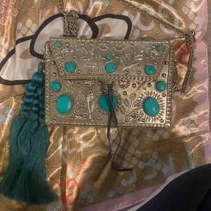 Sam Edelman Metal Bag. Silver with Turquoise Stones.